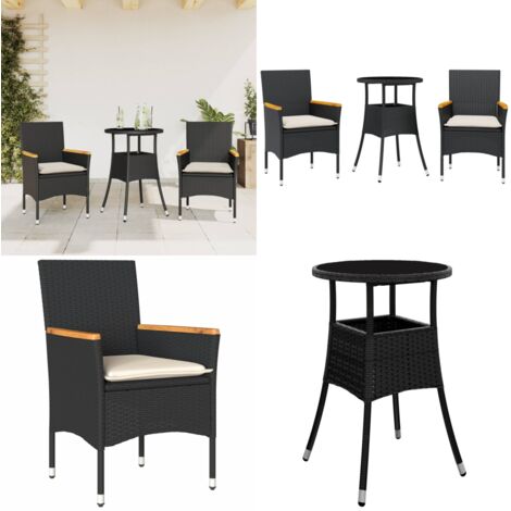 Set comedor jardín 3 pzas cojines ratán sintético vidrio negro - Muebles de jardín - Cojines para jardín