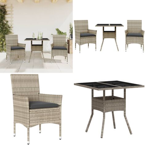 Set comedor jardín 3 pzas y cojines ratán PE vidrio gris claro - Muebles de jardín - Sillas de jardín