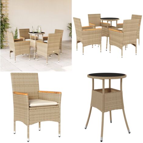 Set comedor jardín 5 pzas cojines ratán sintético vidrio beige - Muebles de jardín - Cojines para sillas