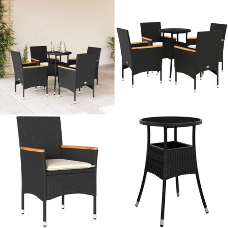 Set comedor jardín 5 pzas cojines ratán sintético vidrio negro - Muebles de jardín - Cojines para sillas