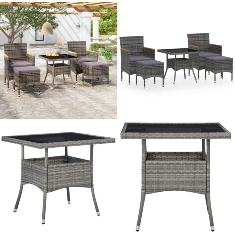 Set comedor jardín 5 pzas ratán sintético vidrio templado gris - Comedor de jardín - Mesa de jardín