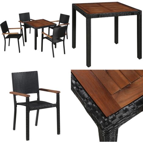 Set comedor jardín 5 pzas ratán sintético y madera acacia negro - Sillas de jardín - Mesa de jardín