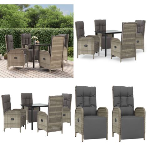 Set comedor jardín 5 pzas y cojines ratán sintético negro gris - Sillas reclinables - Cojines sintéticos