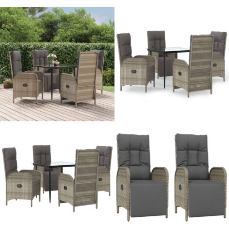 Set comedor jardín 5 pzas y cojines ratán sintético negro gris - Sillas reclinables - Cojines sintéticos