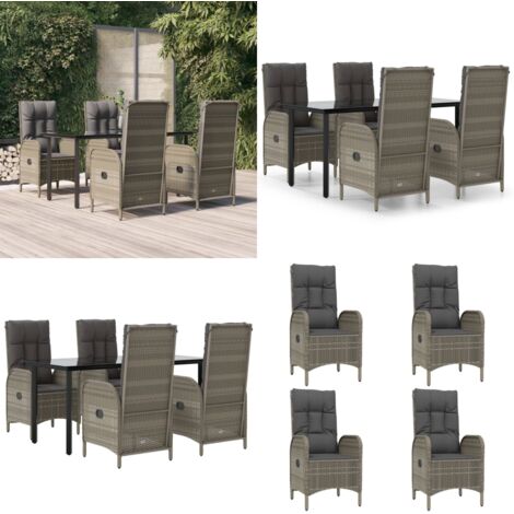 Set comedor jardín 5 pzas y cojines ratán sintético negro gris - Sillas reclinables - Cojines sintéticos