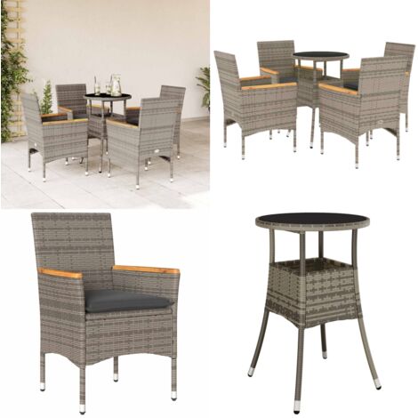Set comedor jardín 5 pzas y cojines ratán sintético vidrio gris - Muebles de jardín - Sillas de jardín