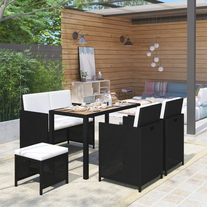 

Set comedor jardín 6 pzas ratán sintético y madera acacia negro