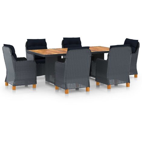 Set comedor jardín 7 pzas cojines ratán sintético gris oscuro vidaXL
