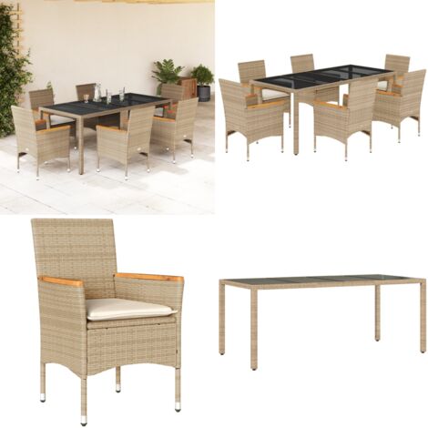 Set comedor jardín 7 pzas cojines ratán sintético vidrio beige - Muebles de jardín - Cojines para sillas