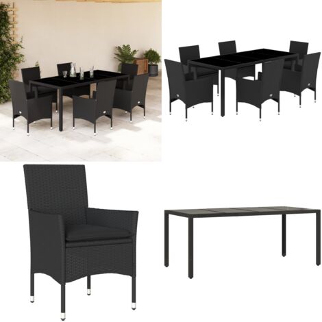 Set comedor jardín 7 pzas cojines ratán sintético vidrio negro - Muebles de jardín - Cojines para sillas
