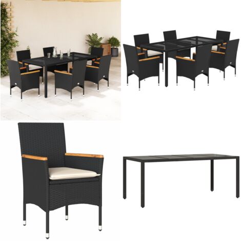 Set comedor jardín 7 pzas cojines ratán sintético vidrio negro - Muebles de jardín - Cojines para sillas