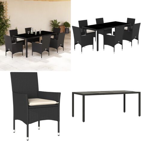 Set comedor jardín 7 pzas cojines ratán sintético vidrio negro - Muebles de jardín - Cojines para sillas
