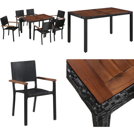 Set comedor jardín 7 pzas ratán sintético y madera acacia negro - Sillas de jardín - Mesa de comedor