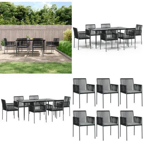 Set comedor jardín 7 pzas y cojines acero ratán sintético negro - Comedor de jardín - Sillas de jardín