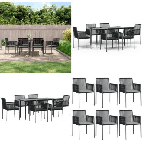 Set comedor jardín 7 pzas y cojines acero ratán sintético negro - Comedor de jardín - Sillas de jardín