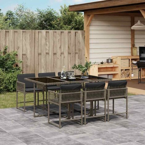 Set comedor jardín 7 pzas y cojines ratán sintético gris