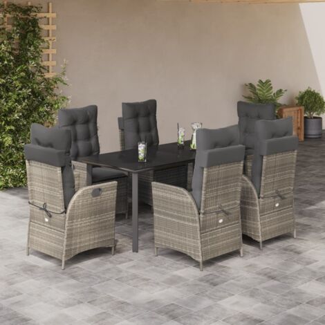 Set comedor jardín 7 pzas y cojines ratán sintético gris claro