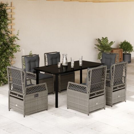 Set comedor jardín 7 pzas y cojines ratán sintético gris claro
