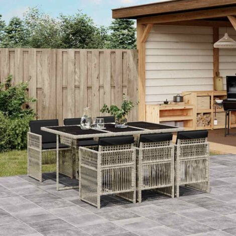 Set comedor jardín 7 pzas y cojines ratán sintético gris claro