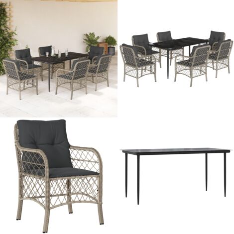 Set comedor jardín 7 pzas y cojines ratán sintético gris claro - Muebles de jardín - Sillas de jardín