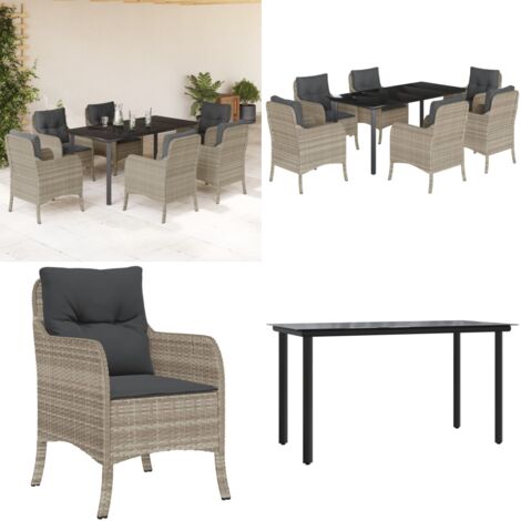 Set comedor jardín 7 pzas y cojines ratán sintético gris claro - Muebles de jardín - Sillas de jardín