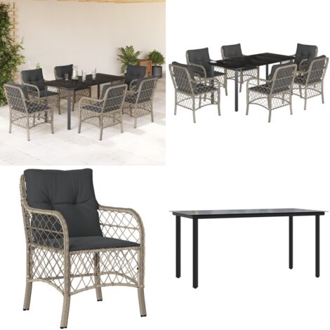 Set comedor jardín 7 pzas y cojines ratán sintético gris claro - Muebles de jardín - Sillas de jardín