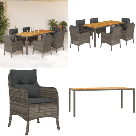 Set comedor jardín 7 pzas y cojines ratán sintético gris - Muebles de jardín - Sillas de jardín