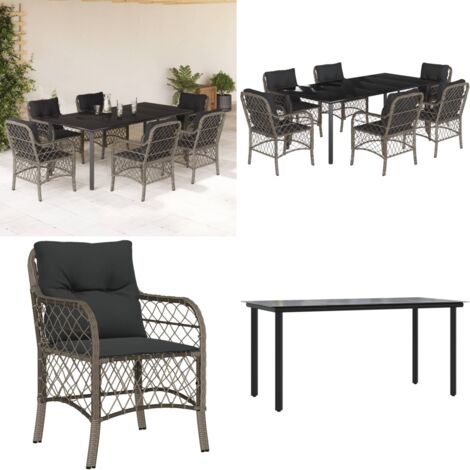 Set comedor jardín 7 pzas y cojines ratán sintético gris - Muebles de jardín - Sillas de jardín