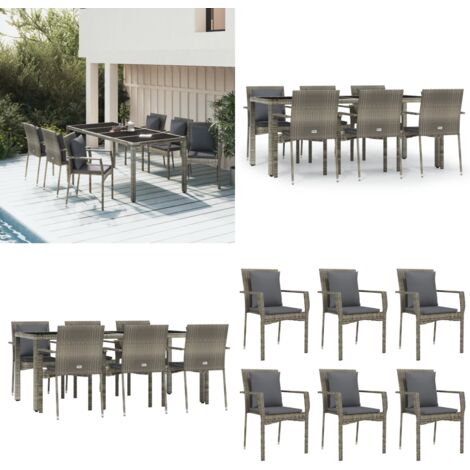 Set comedor jardín 7 pzas y cojines ratán sintético gris - Sillas de jardín - Cojines sintéticos