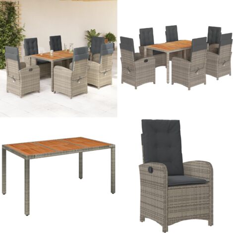 Set comedor jardín 7 pzas y cojines ratán sintético gris - Sillas de jardín reclinables - Cojines para asiento
