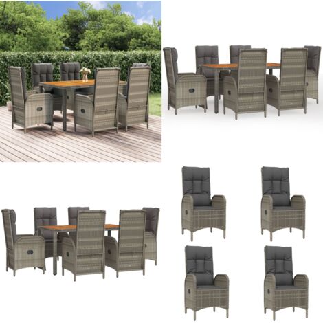 Set comedor jardín 7 pzas y cojines ratán sintético gris - Sillas de jardín reclinables - Ratán sintético