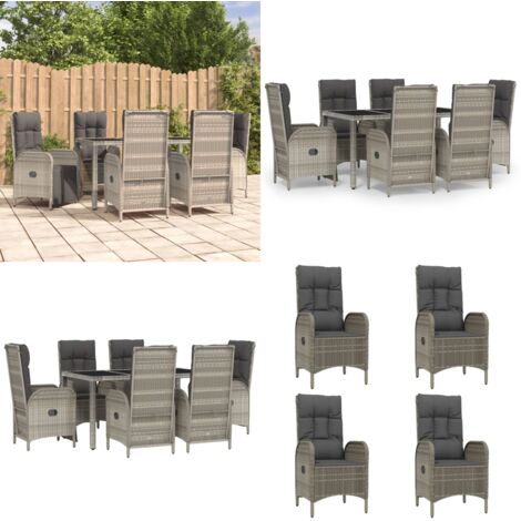 Set comedor jardín 7 pzas y cojines ratán sintético gris - Sillas de jardín reclinables - Ratán sintético