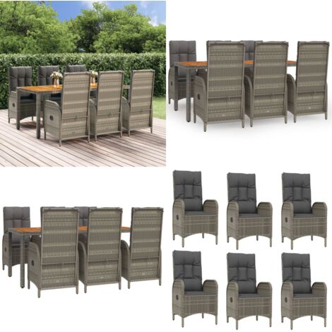 Set comedor jardín 7 pzas y cojines ratán sintético gris - Sillas reclinables - Ratán sintético