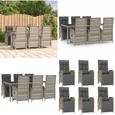 Set comedor jardín 7 pzas y cojines ratán sintético gris - Sillas reclinables - Ratán sintético