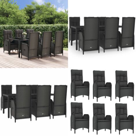 Set comedor jardín 7 pzas y cojines ratán sintético negro gris - Sillas de jardín - Cojines sintéticos