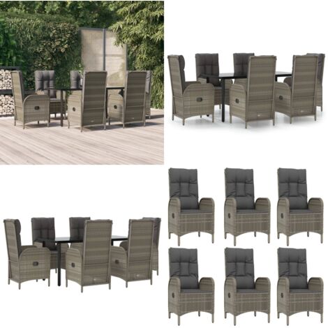 Set comedor jardín 7 pzas y cojines ratán sintético negro gris - Sillas reclinables - Ratán sintético