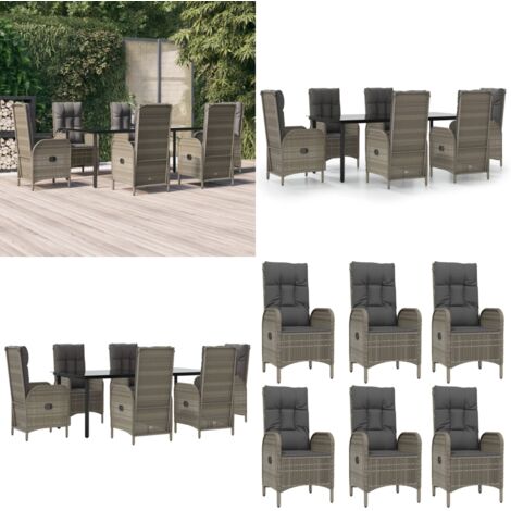 Set comedor jardín 7 pzas y cojines ratán sintético negro gris - Sillas reclinables - Ratán sintético