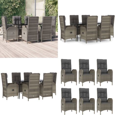 Set comedor jardín 7 pzas y cojines ratán sintético negro gris - Sillas reclinables - Ratán sintético