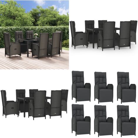 Set comedor jardín 7 pzas y cojines ratán sintético negro gris - Sillas reclinables - Ratán sintético