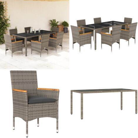 Set comedor jardín 7 pzas y cojines ratán sintético vidrio gris - Muebles de jardín - Sillas de jardín