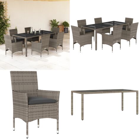 Set comedor jardín 7 pzas y cojines ratán sintético vidrio gris - Muebles de jardín - Sillas de jardín