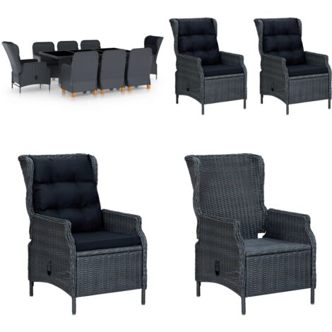 Set comedor jardín 9 piezas cojines ratán sintético gris oscuro - Cojines para jardín - Sillas reclinables