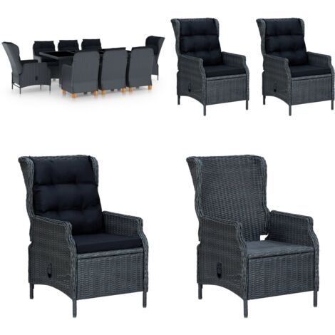 Set comedor jardín 9 piezas cojines ratán sintético gris oscuro - Sillas reclinables - Cojines para jardín