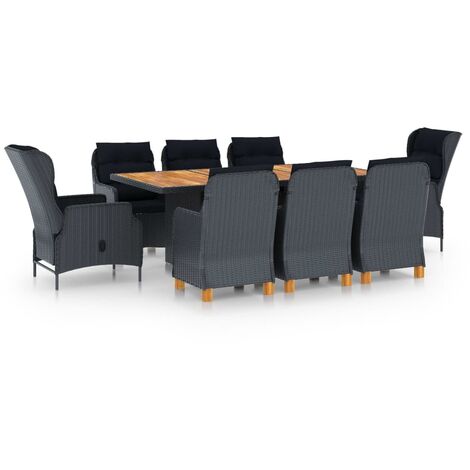 Set comedor jardín 9 piezas cojines ratán sintético gris oscuro vidaXL