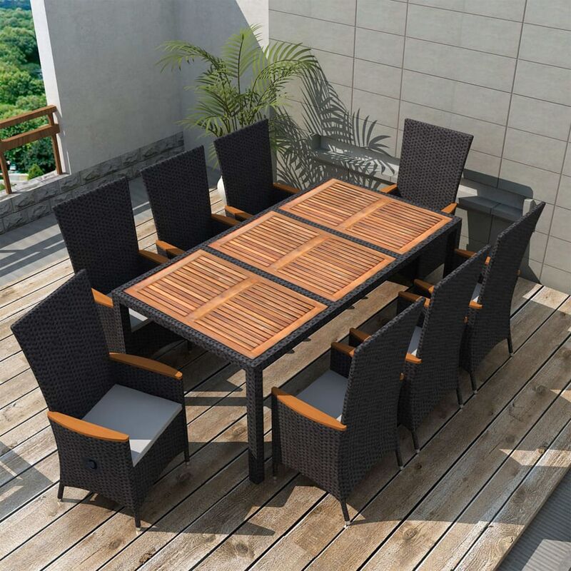 

Set comedor jardín 9 piezas ratán sintético y madera acacia negro