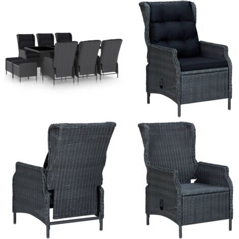 Set comedor jardín 9 pzas cojines ratán sintético gris oscuro - Sillas de jardín - Cojines sintéticos