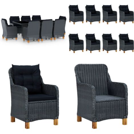 Set comedor jardín 9 pzas cojines ratán sintético gris oscuro - Sillas de jardín - Mesa de jardín