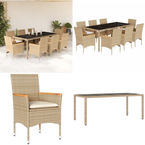 Set comedor jardín 9 pzas cojines ratán sintético vidrio beige - Muebles de jardín - Cojines para jardín