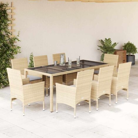 Set comedor jardín 9 pzas cojines ratán sintético vidrio beige vidaXL