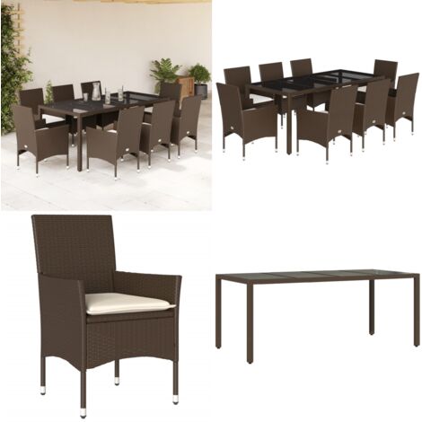 Set comedor jardín 9 pzas cojines ratán sintético vidrio marrón - Muebles de jardín - Cojines para jardín